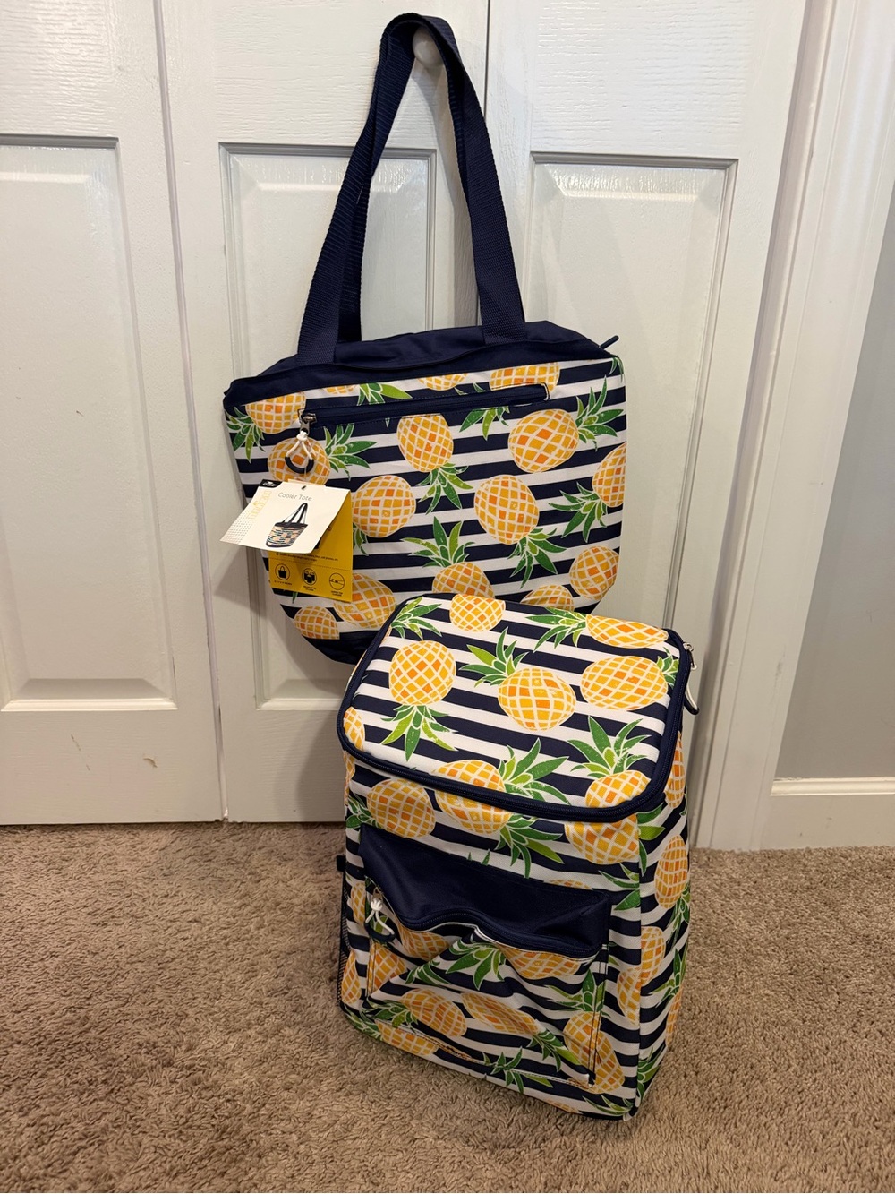 Set of 2 Matching Travel Coolers - Pineapple Stripe Insulated Tote & Cooler Bags